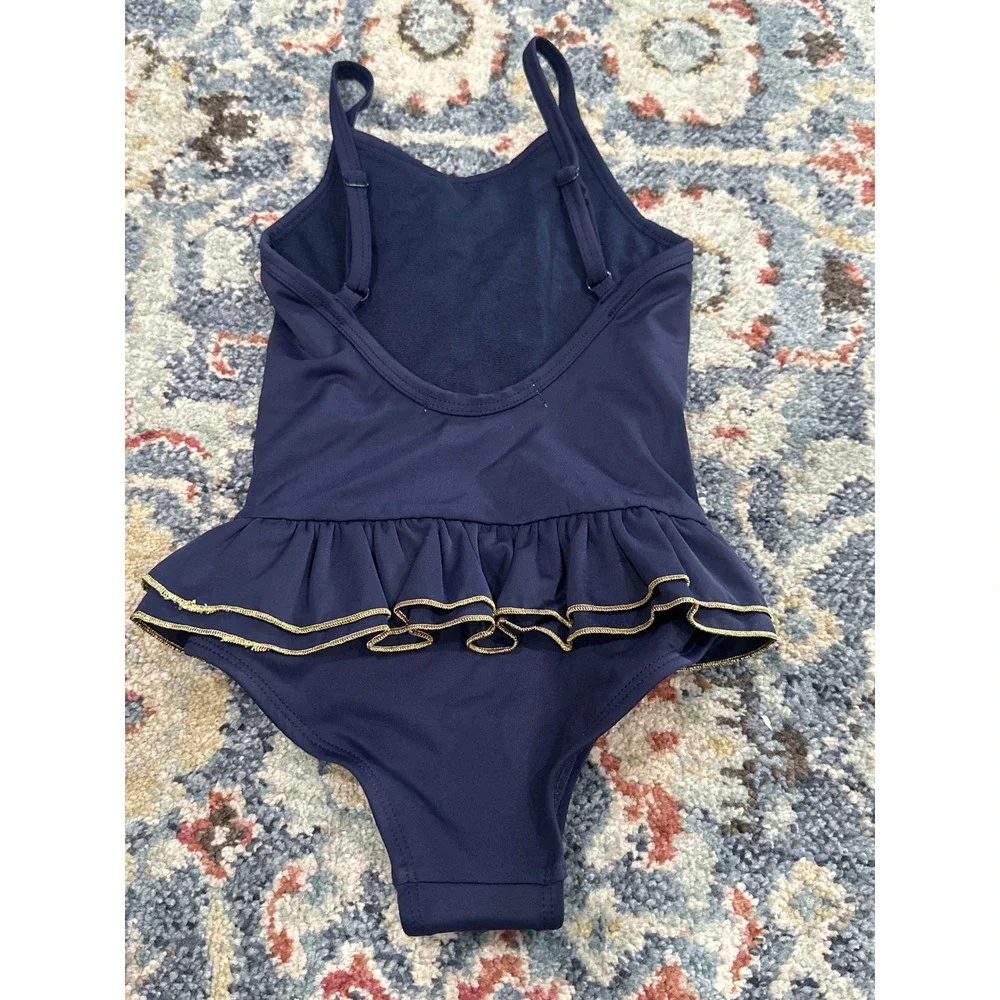Angel's Face Swimsuit‎ Girls 2-3 Navy Blue Gold Ruffle Bow NWT